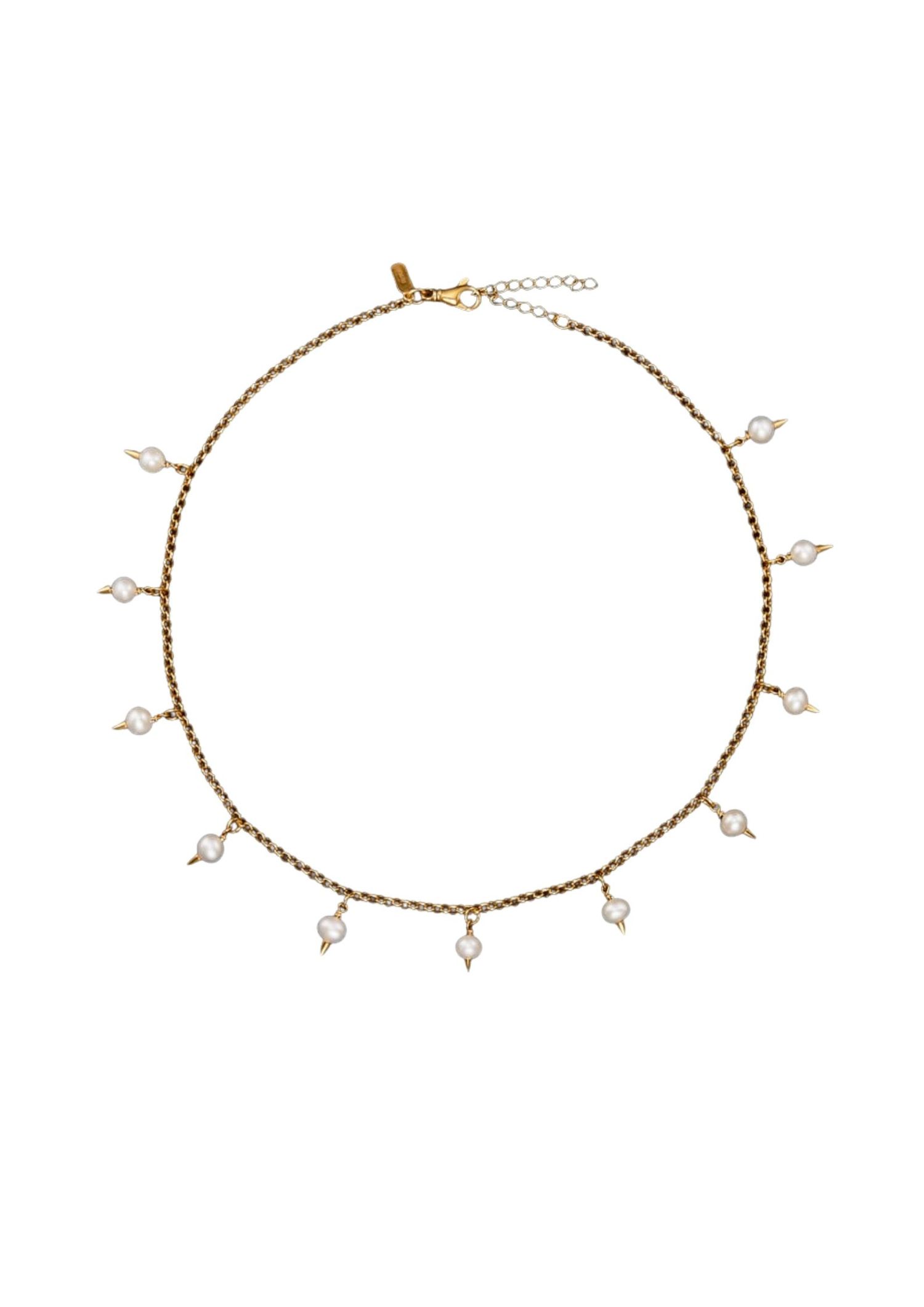 Freshwater cultured pearl necklace with white pearls, elegantly spaced on a delicate chain, radiates sophistication and timeless grace.