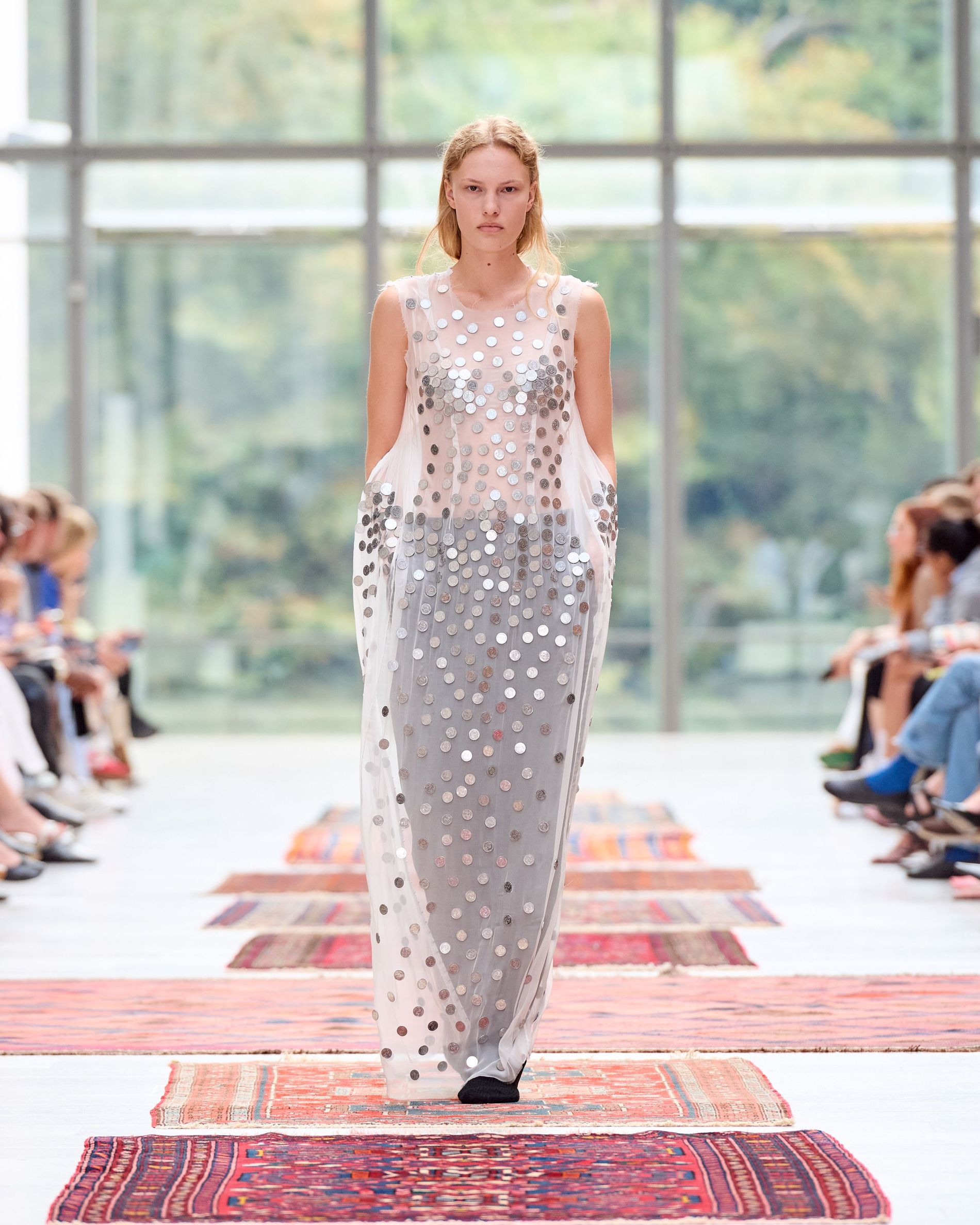 Short sleeved sequin sheer long dress with black pants under