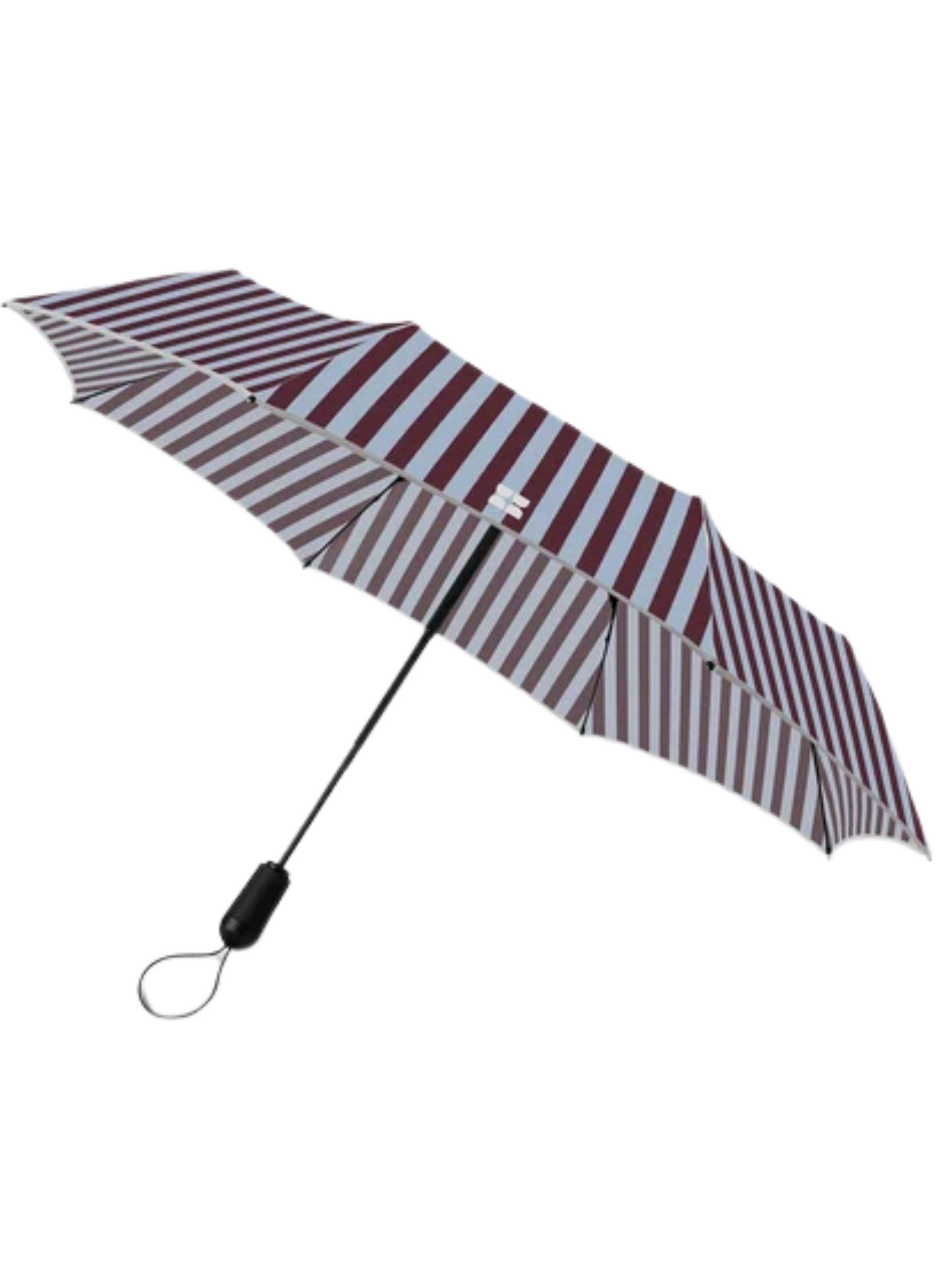Blue and brown stripe umbrella against a white background