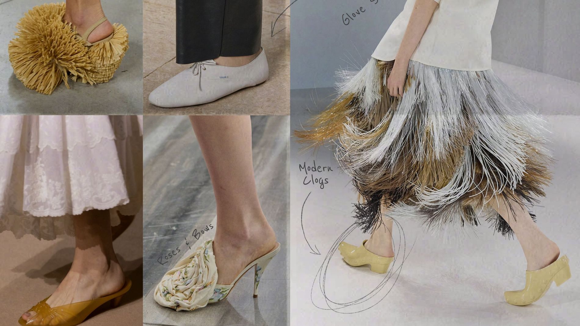 From top to bottom, left to right: Moschino raffia heels, Celine glove shoes, Bottega Veneta clogs, Dior flower heels, Chloé jelly shoes