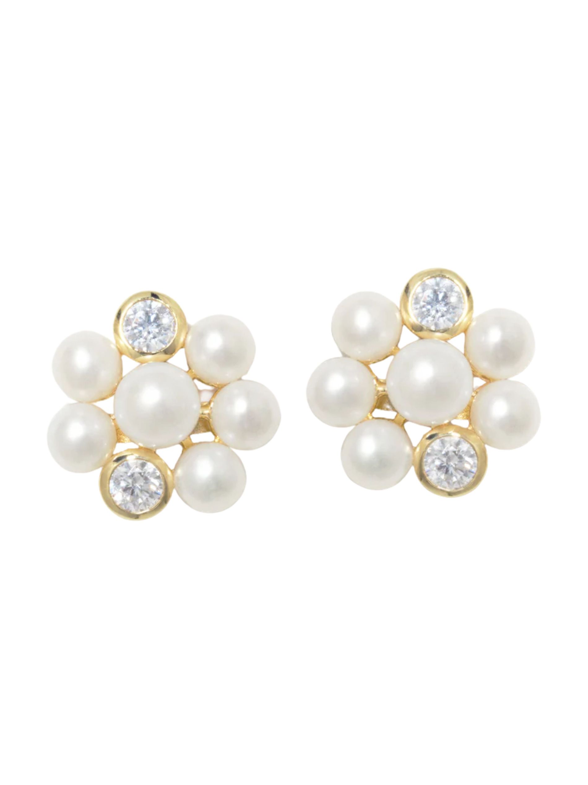 Pearl and zirconia cluster earrings from Completedworks against a white background