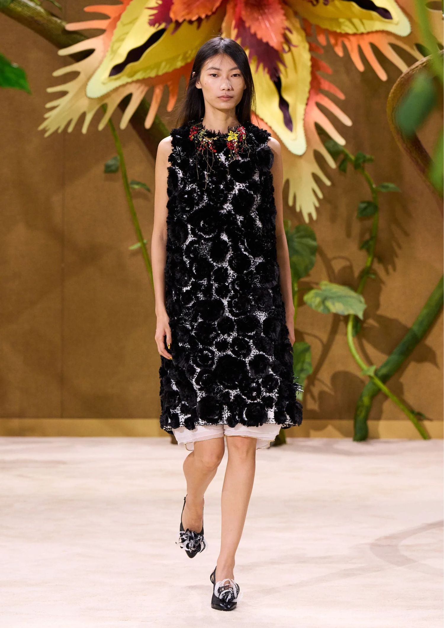 Black sheer floral dress with a white underdress