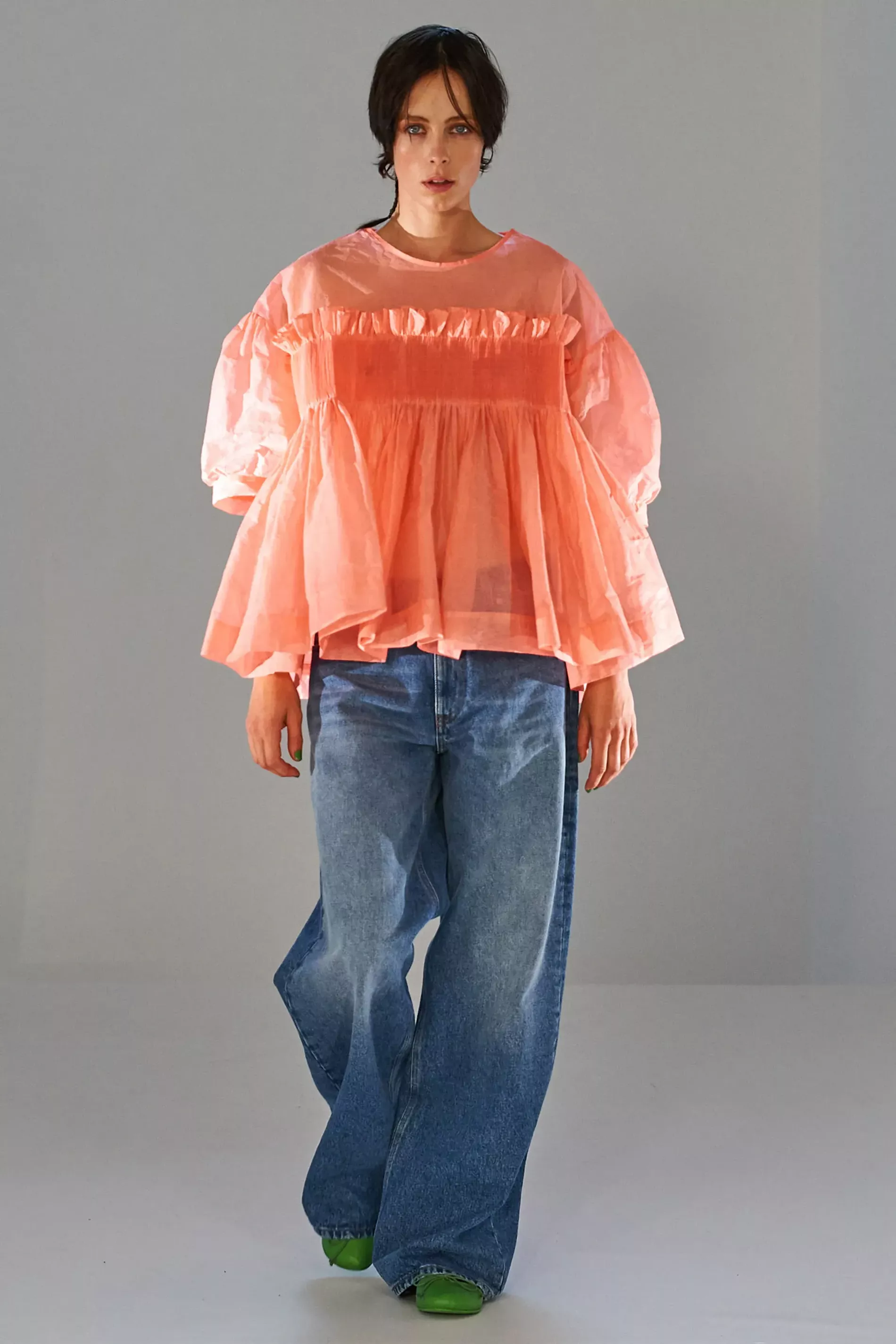 Molly Goddard paired feminine frills with wide-legged denim