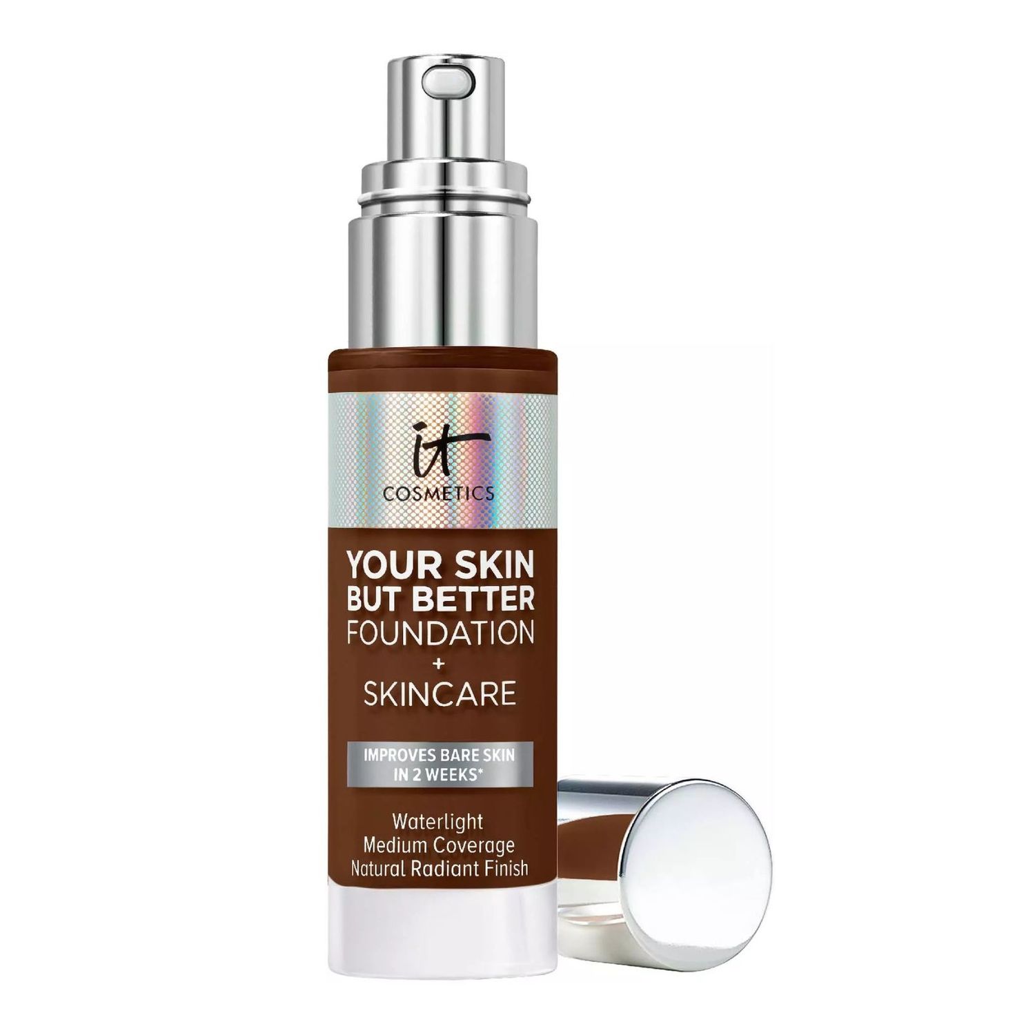 A pump bottle with the best foundation for for mature skin, IT Cosmetics Your Skin But Better Foundation + Skincare