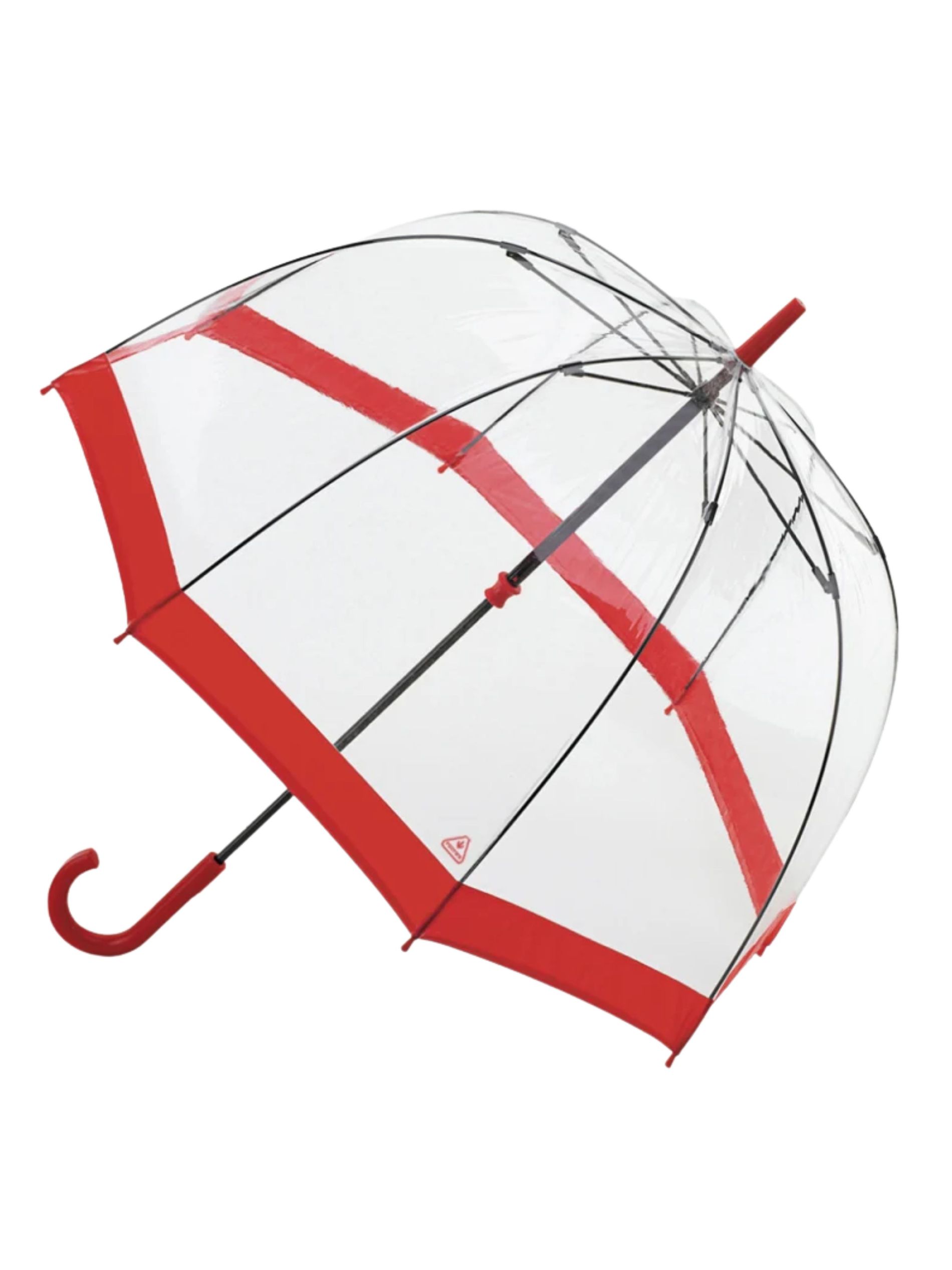 Clear umbrella with red trim against a white background