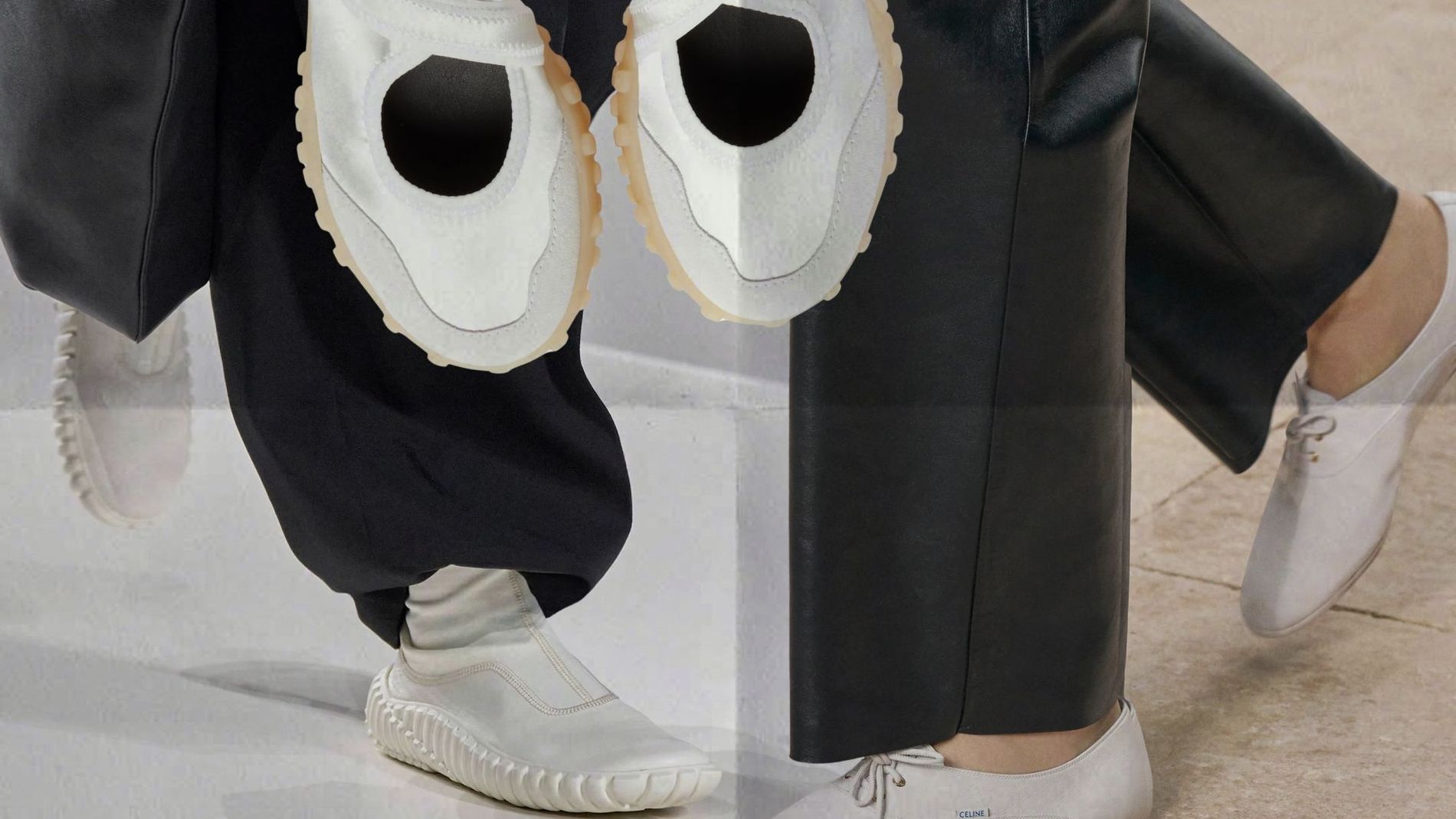 Models walking the SS26 runways of Bottega Veneta and Celine wear white sneakers