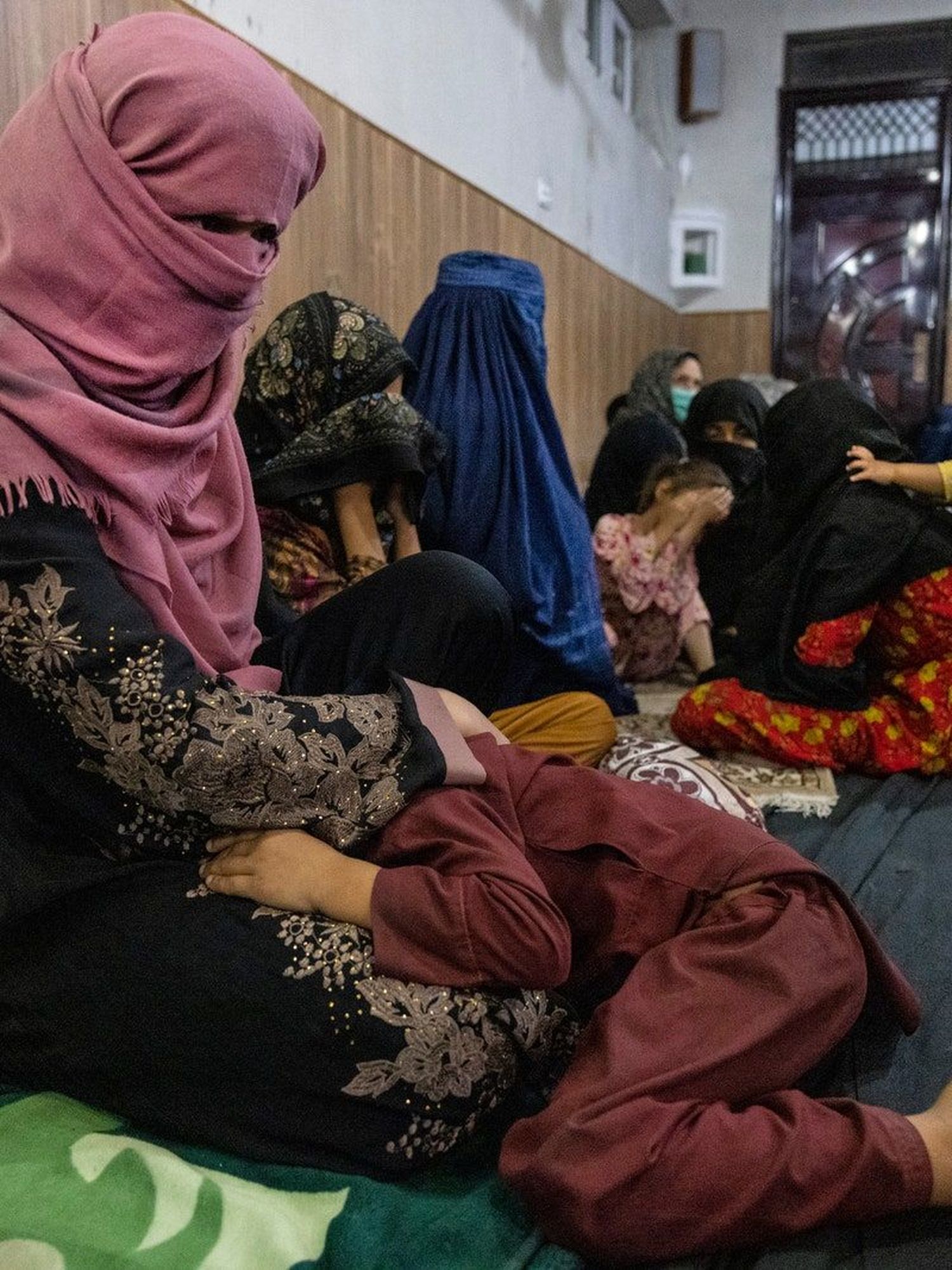 Displaced women and children sheltering at a mosque in Kabul, Afghanistan.