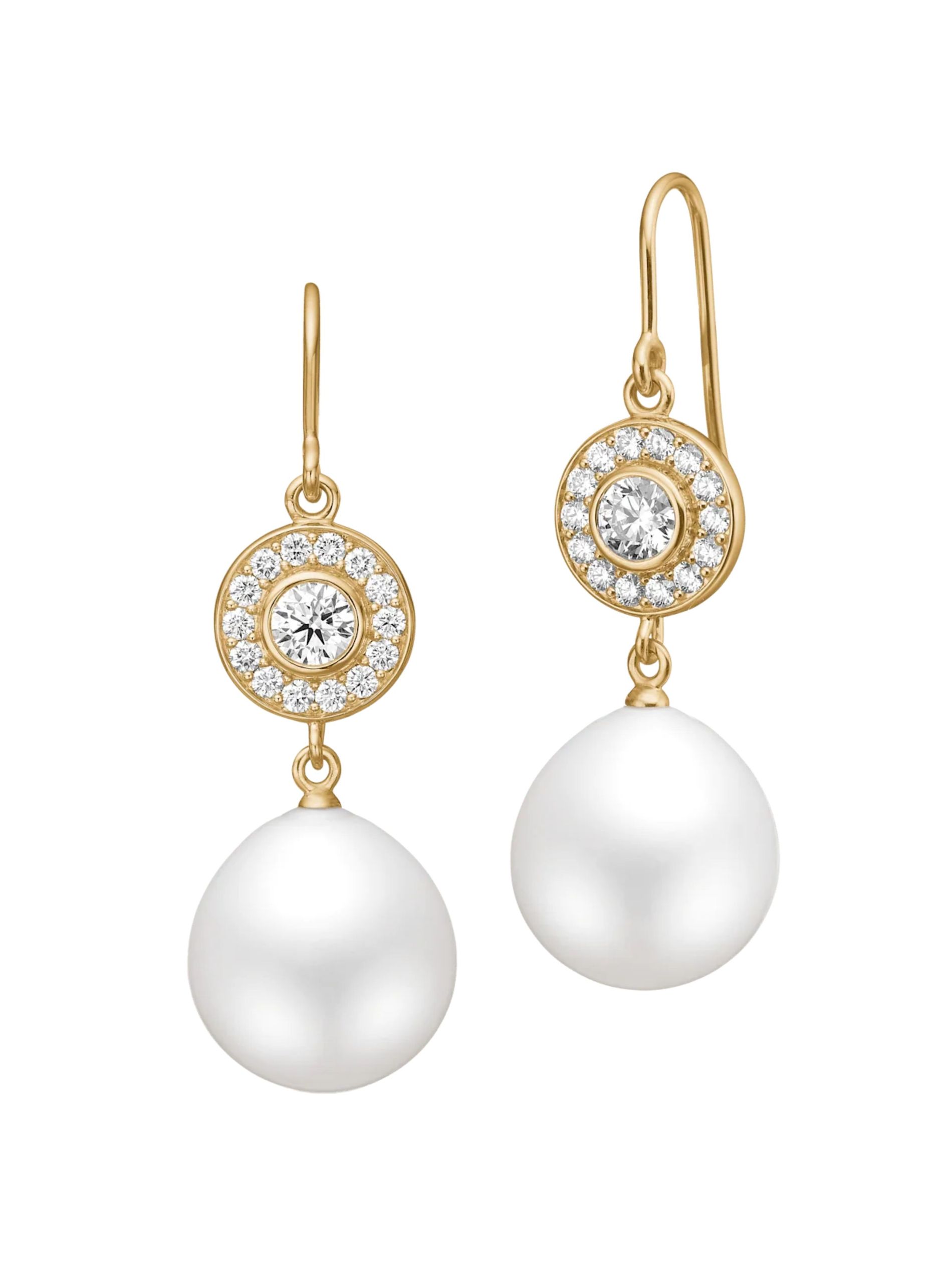 Pearl and diamond earrings from Julie Sandlau with diamonds set in gold against a white background