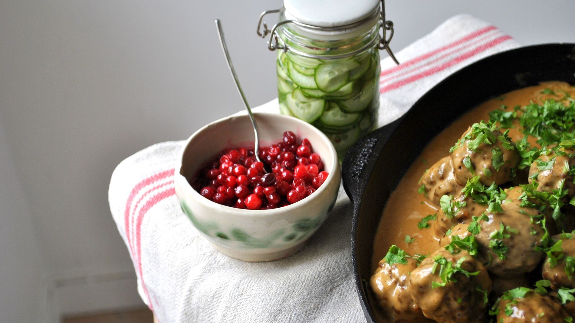 Lingonberries pickled cucumbers and meatballs
