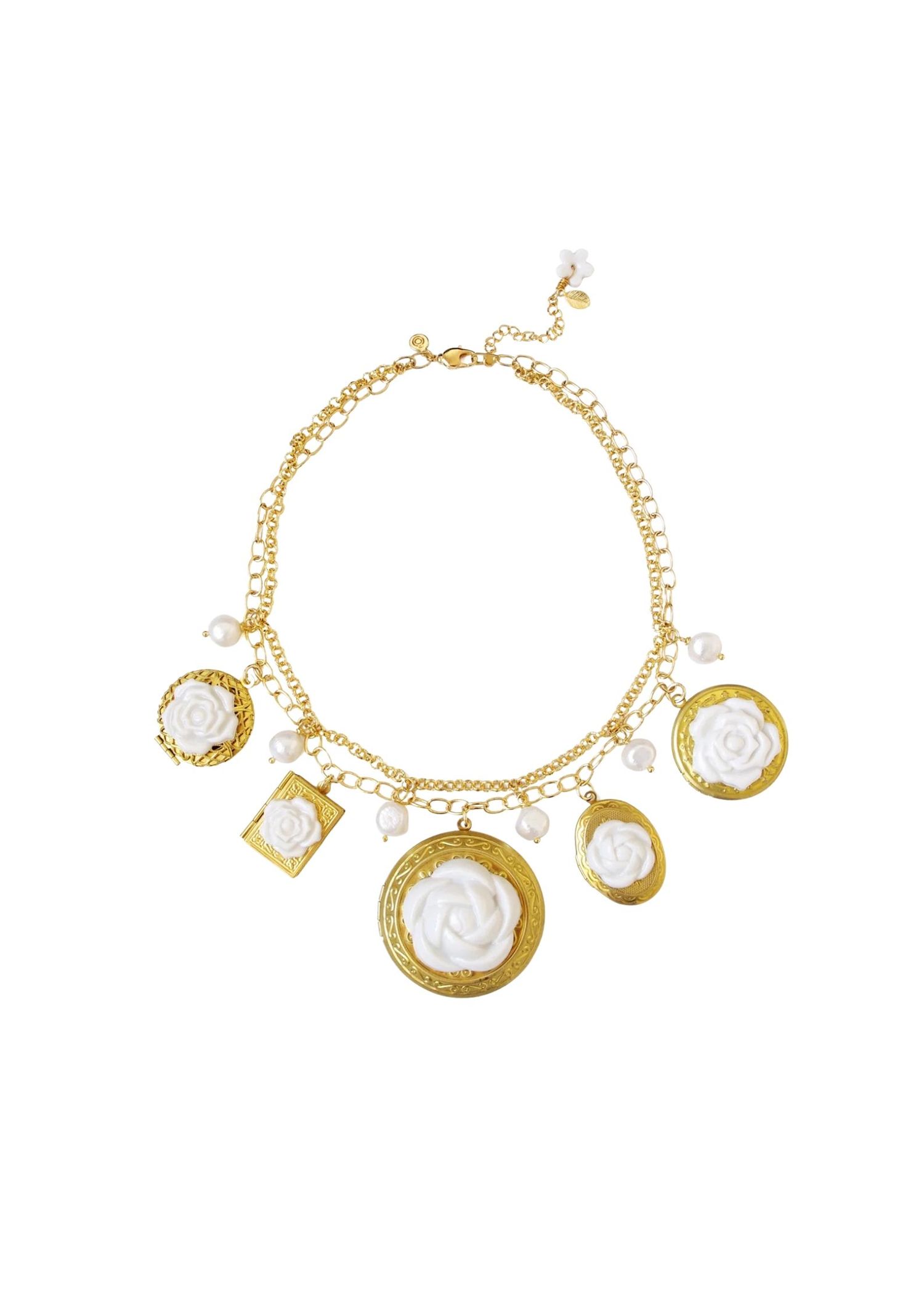 Five lockets, all different shapes, each have a different flower.