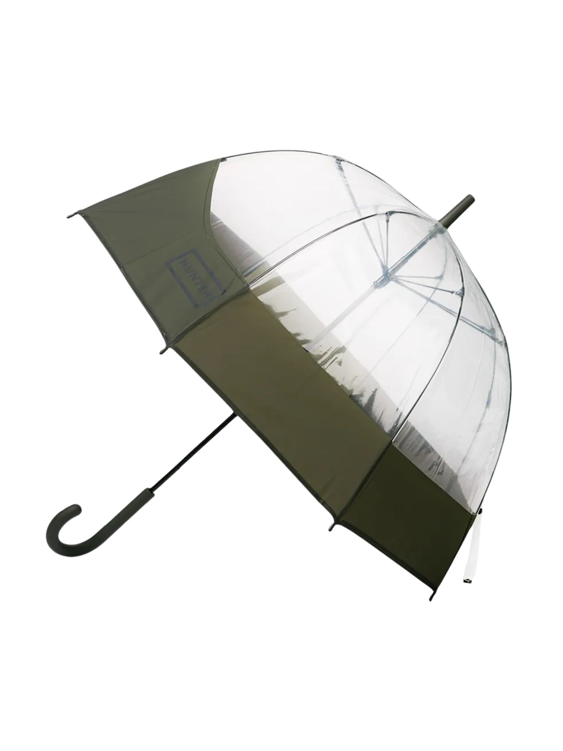 Clear umbrella with khaki trim against a white background