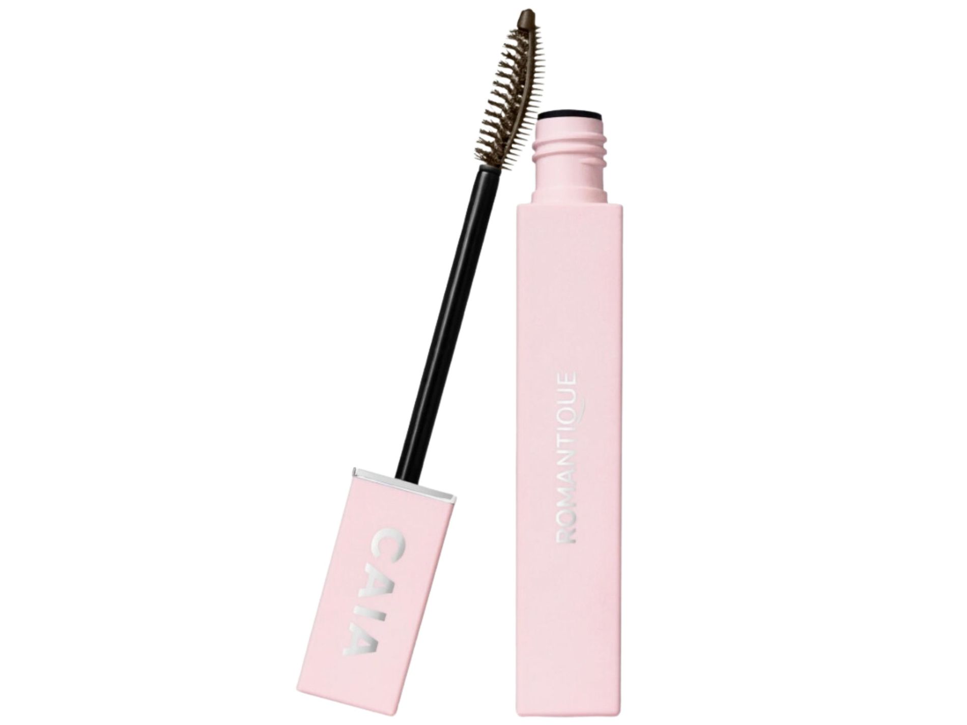 Caia Cosmetics ROMANTIQUE Mascara in Brown, wand applicator standing next to open tube