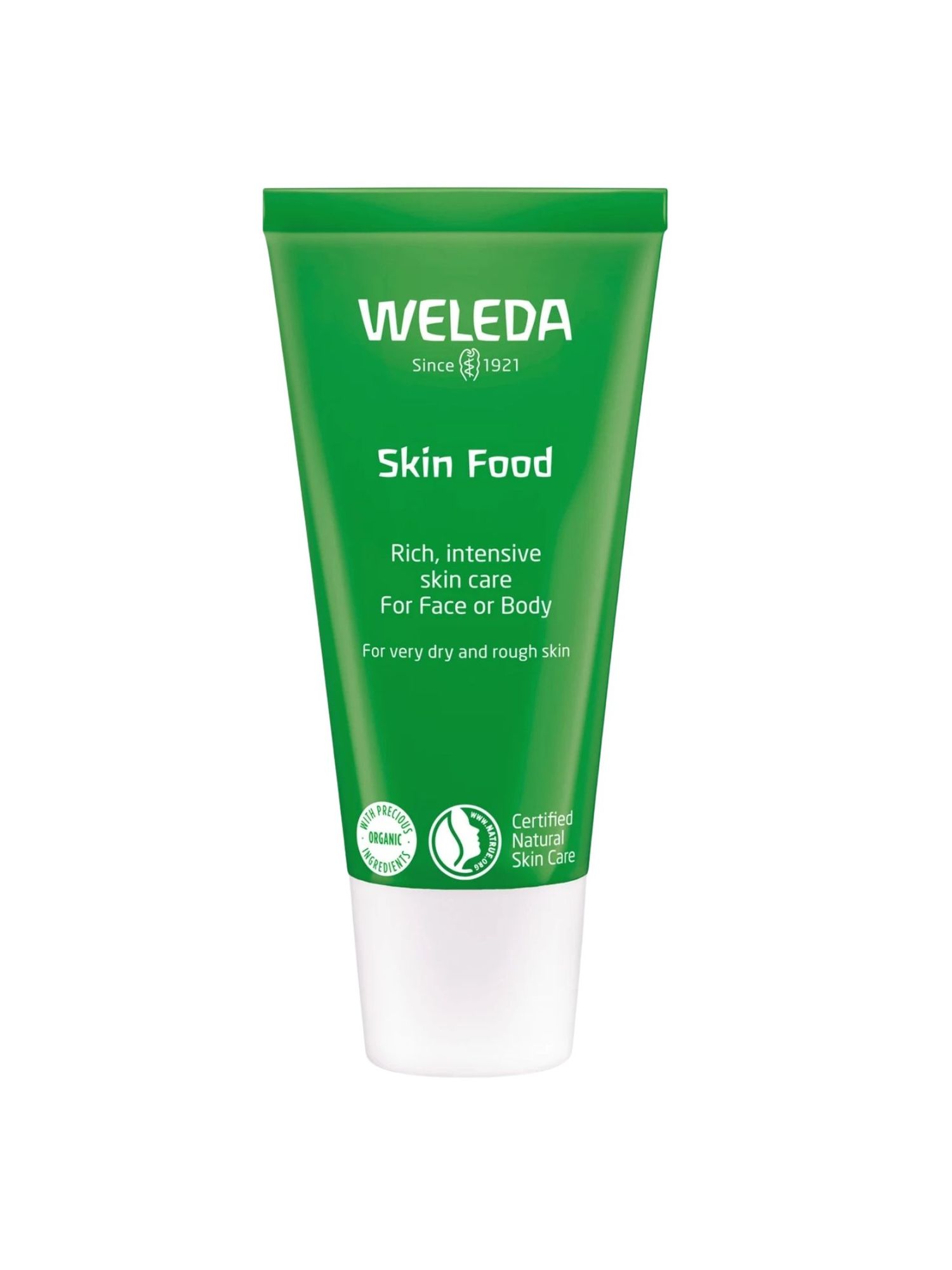 A green Weleda Skin Food cream tube featuring white text and a white cap, shown on a white background