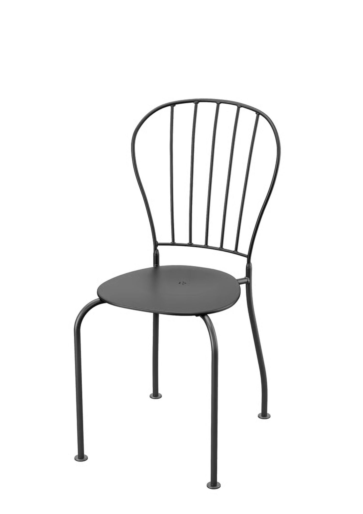 A stackable black outdoor chair