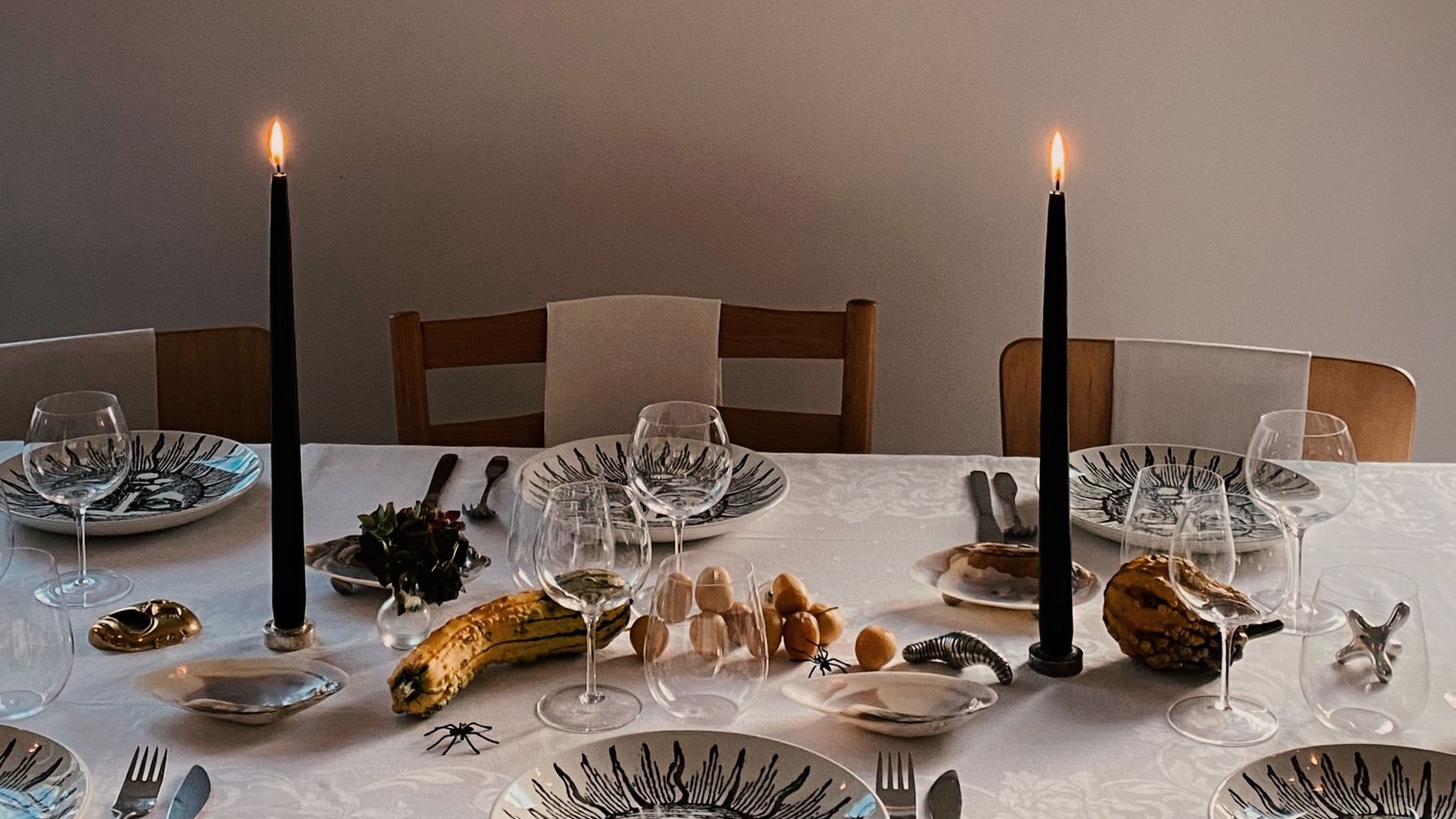 Halloween table setting with black candles
