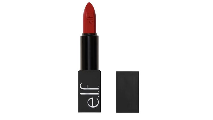 Elf cosmetics red lipstick with a satin finish in 'spicy' on a white background