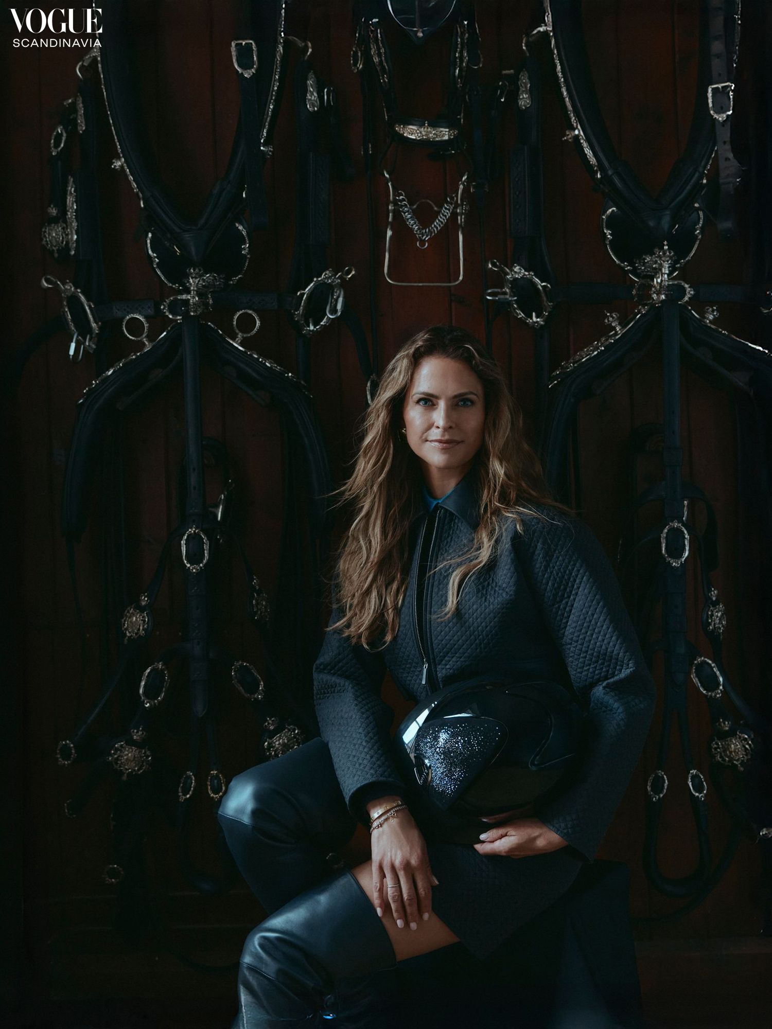 Princess Madeleine wearing a quilted jacket and quilted skirt with leather details