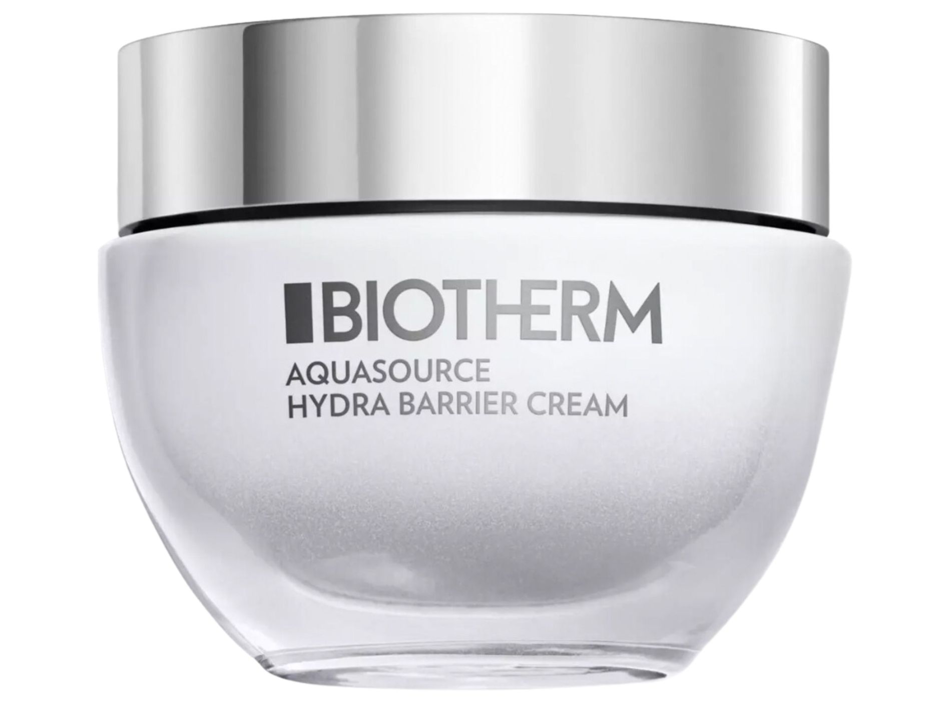 Biotherm Aquasource Hydra Barrier Cream in a frosted jar with lid removed.