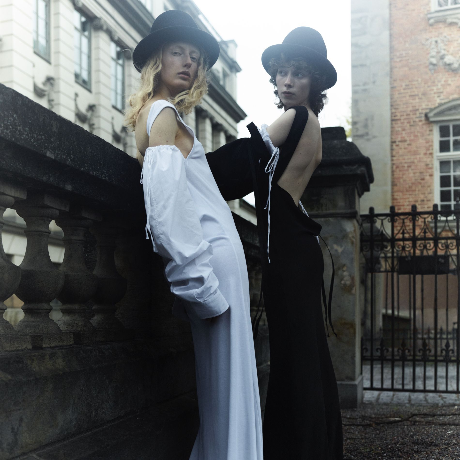 Left: Dress, €812, Detachable sleeves, €334, Hat, €440, Shoes, €690. All Ann Demeulemeester. Right: Silk dress with open back, €822, Detachable sleeves, €334, Hat, €440, Shoes, €690. All Ann Demeulemeester.
