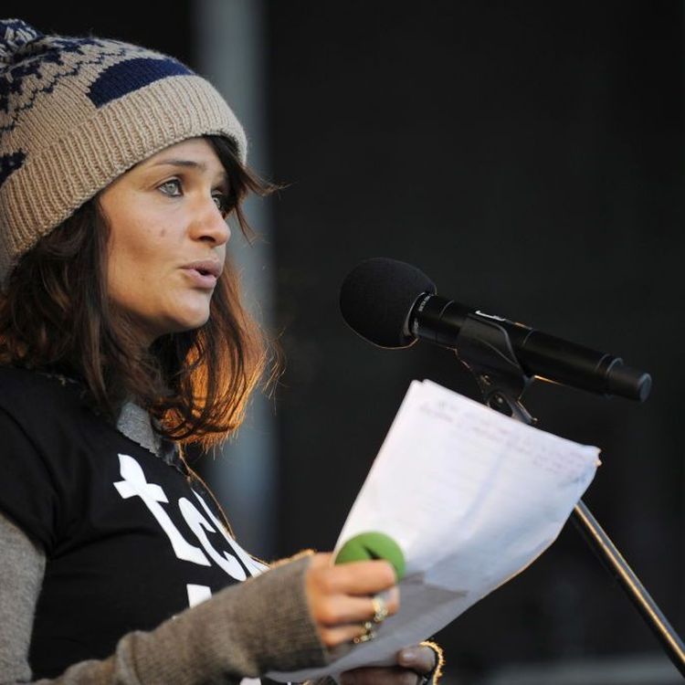 Helena Christiansen addresses a rally during the United Nations Climate Change Conference in Copenhagen on December 12, 2009