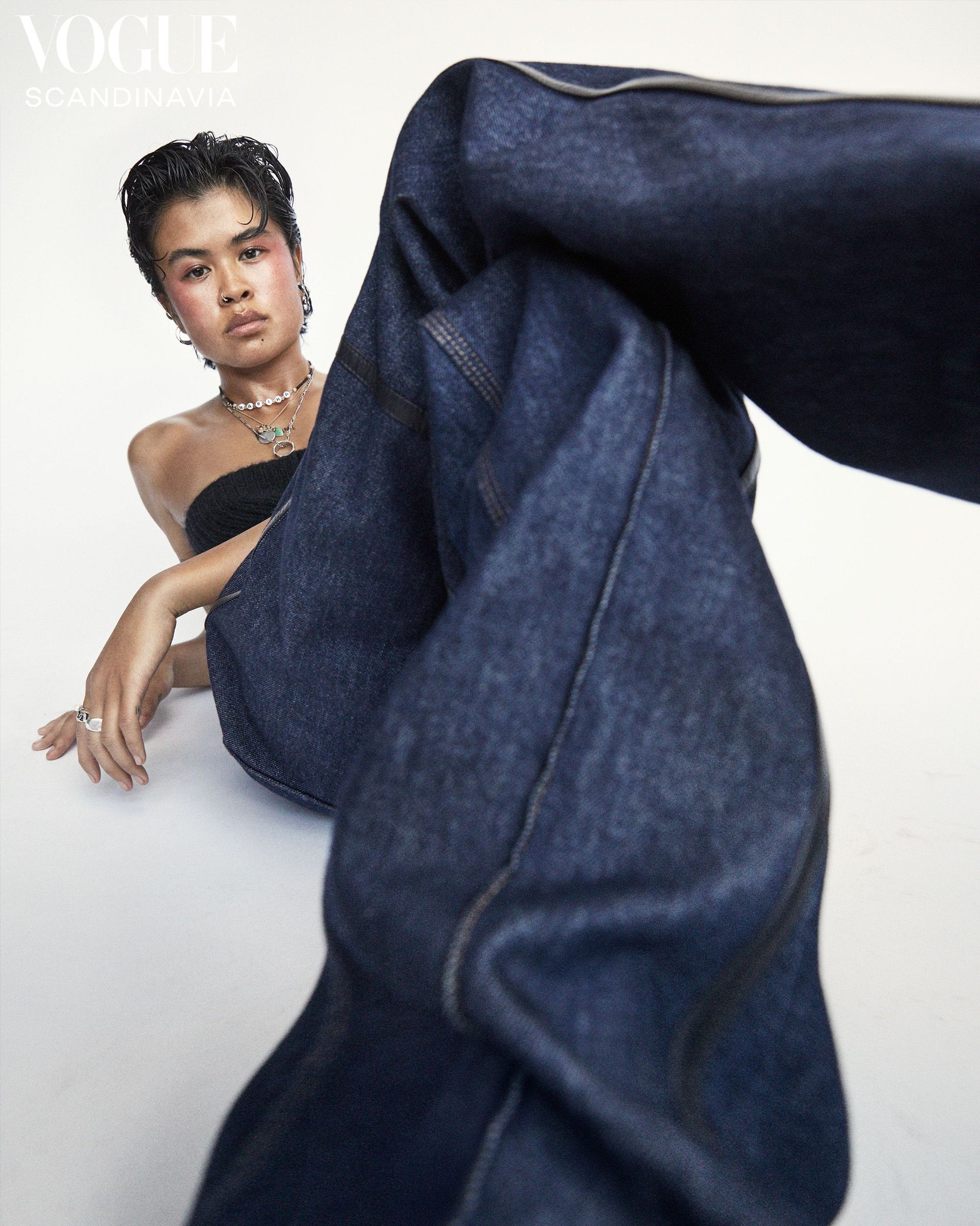 Wide legged denim featured in Vogue Scandinavia's editorial 