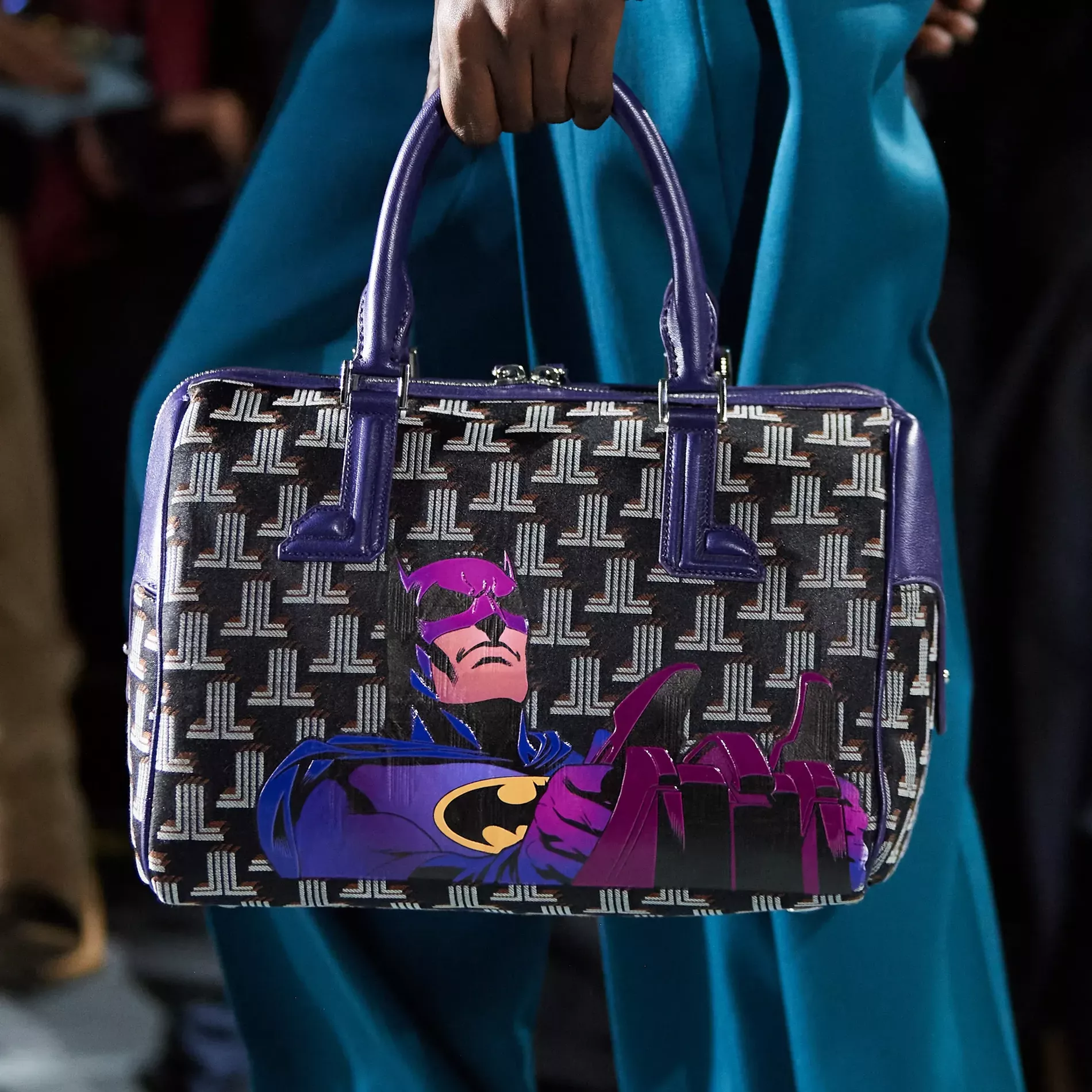 Lanvin bag with monogramed canvas and Batman illustration