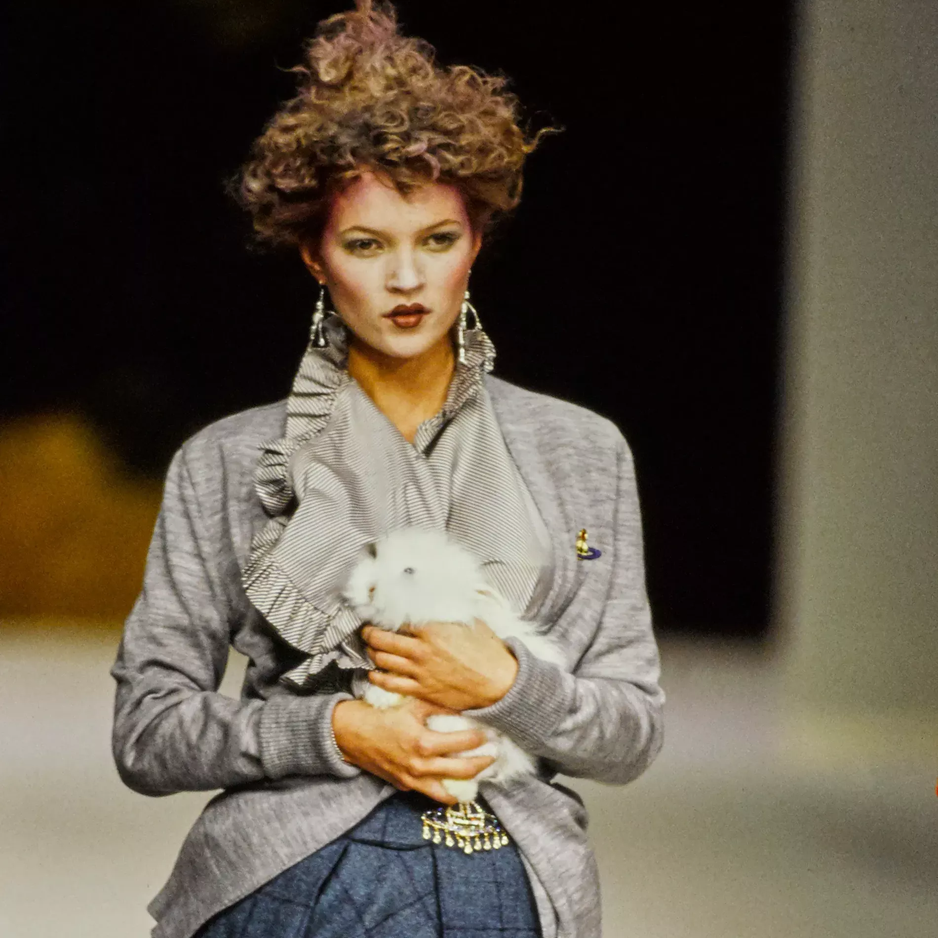 Kate Moss carries a bunny on Vivienne Westwood, fall 1995 ready-to-wear runway