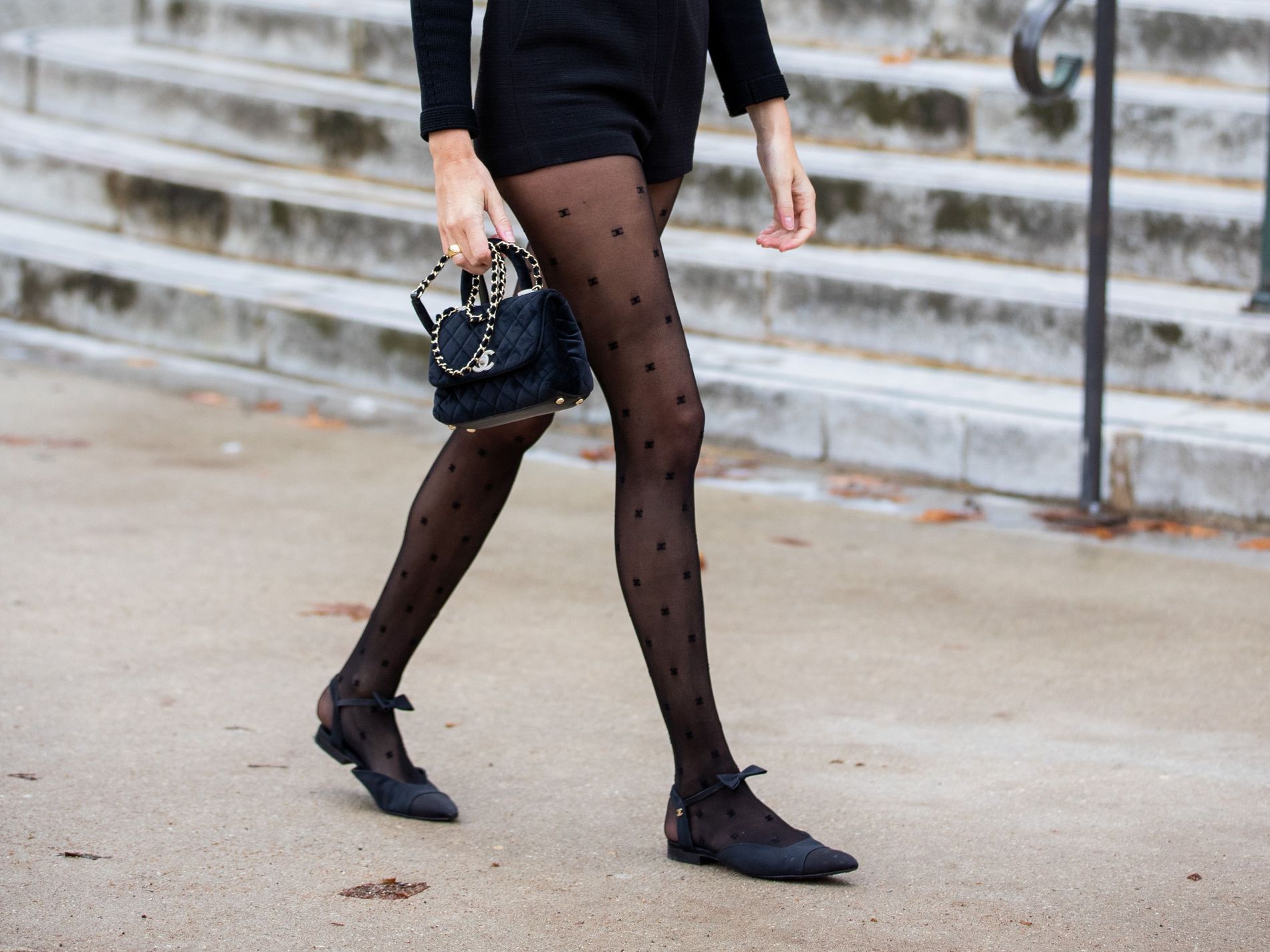 Black dress with gold dots and black tights outfit front details