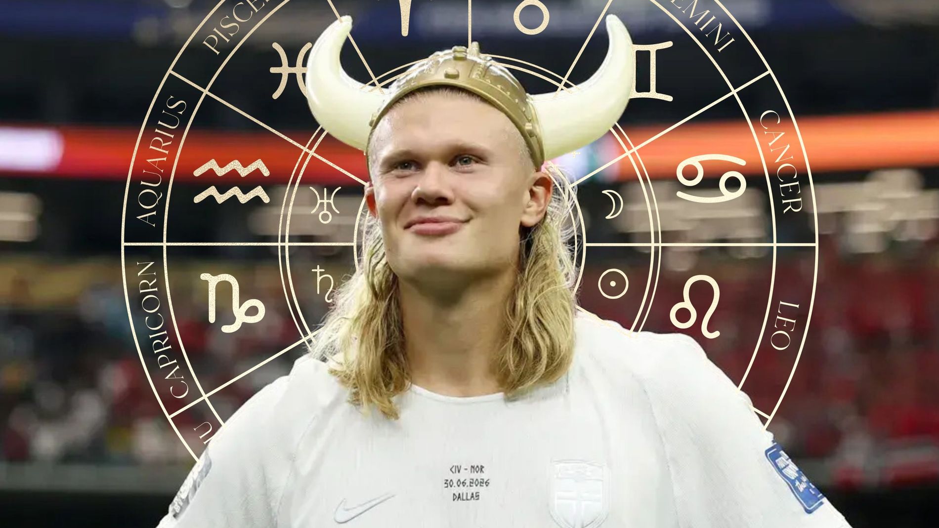 Erling Haaland poses in a viking helmet and a Norway national team football kit with the astrological wheel behind him