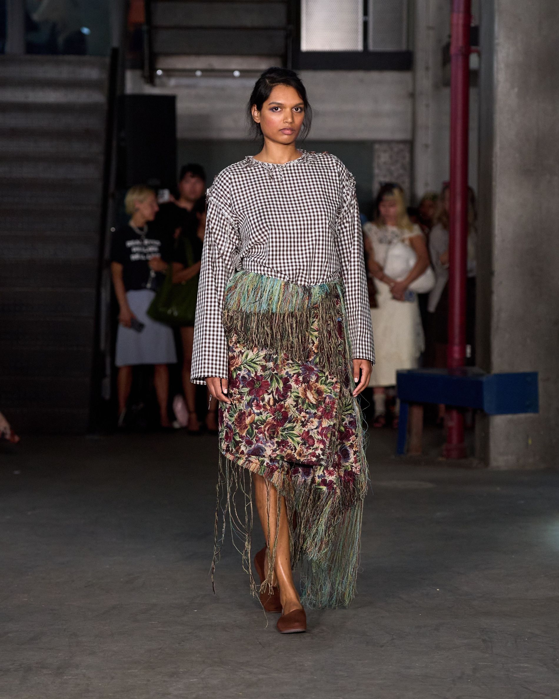 Textured skirt with checked blouse 