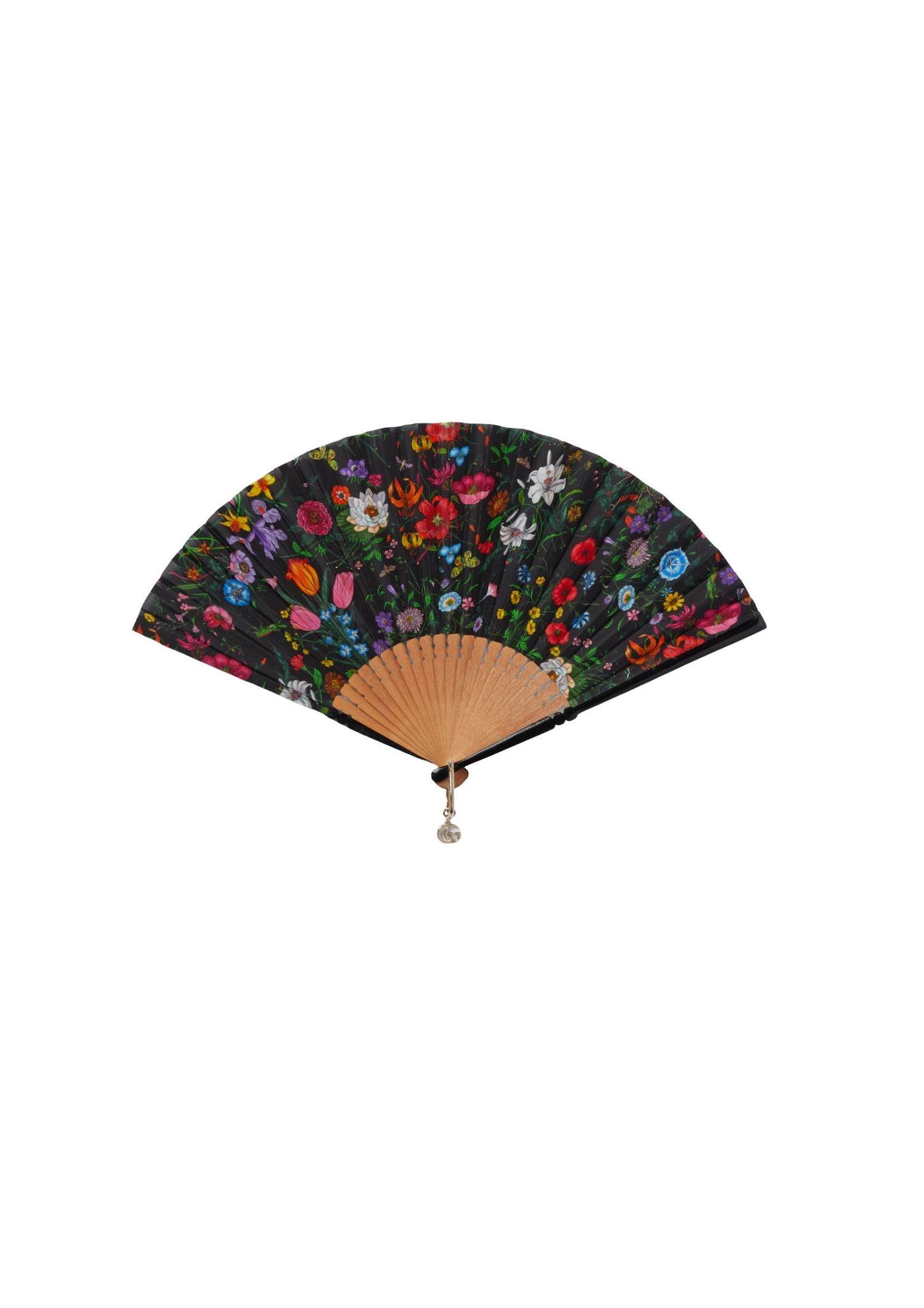 Black fan with colourful florals