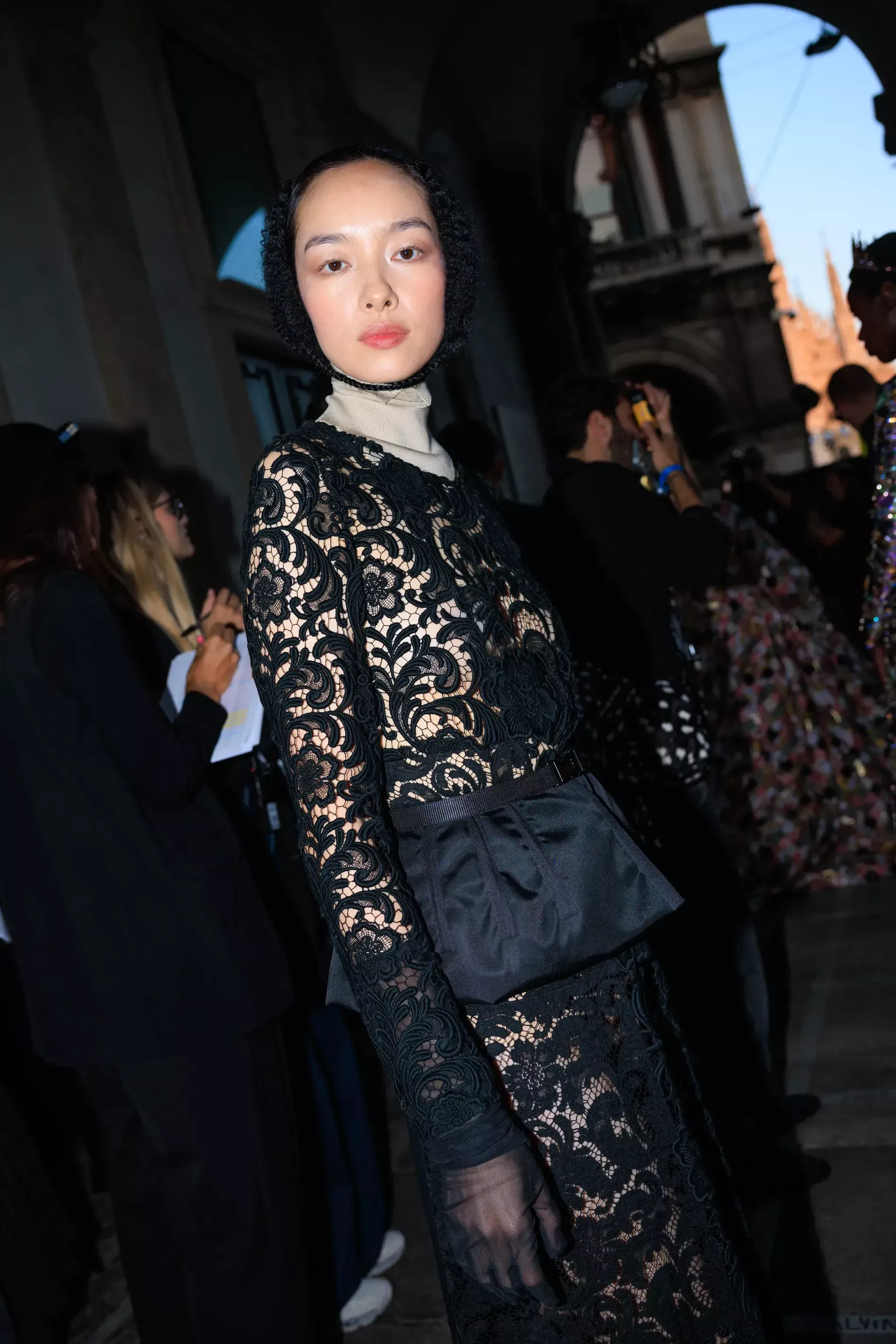 Fei Fei Sun wearing the gothic-inspired pieces from Prada's Fall/Winter 2008 Collection in Milan fashion week