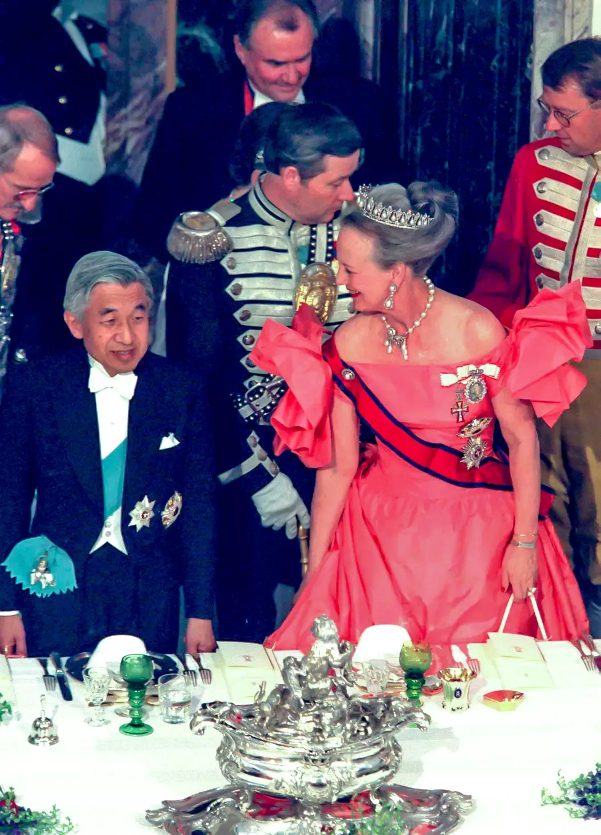 Photographed in her Jørgen Bender gown during the state visit of Emperor Akihito and Empress Michiko of Japan to Denmark, on 2 June 1998 in Fredensborg, Denmark.