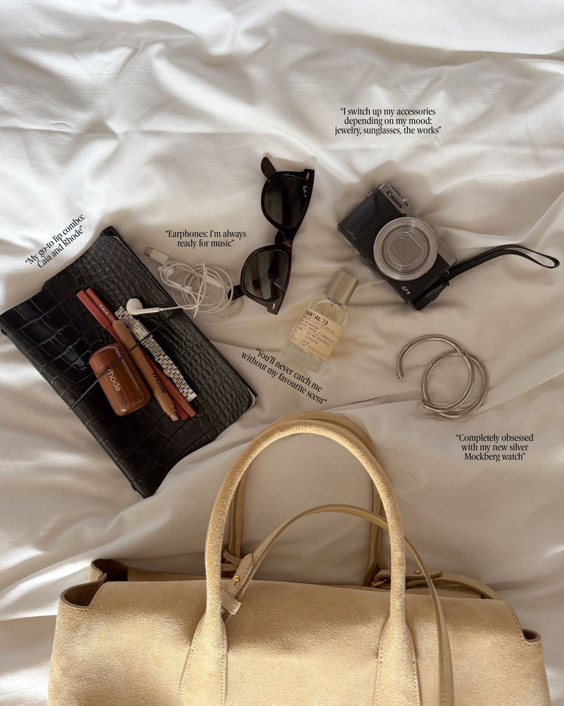 Alva Sperle's butter yellow suede bag during CPHFW 2026, filled with a watch, digital camera, perfume, sunglasses, makeup and headphones.