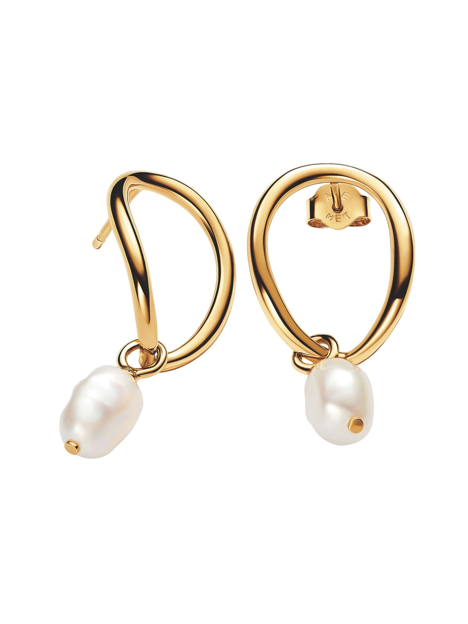 Pearl and gold earrings from pandora against a white background