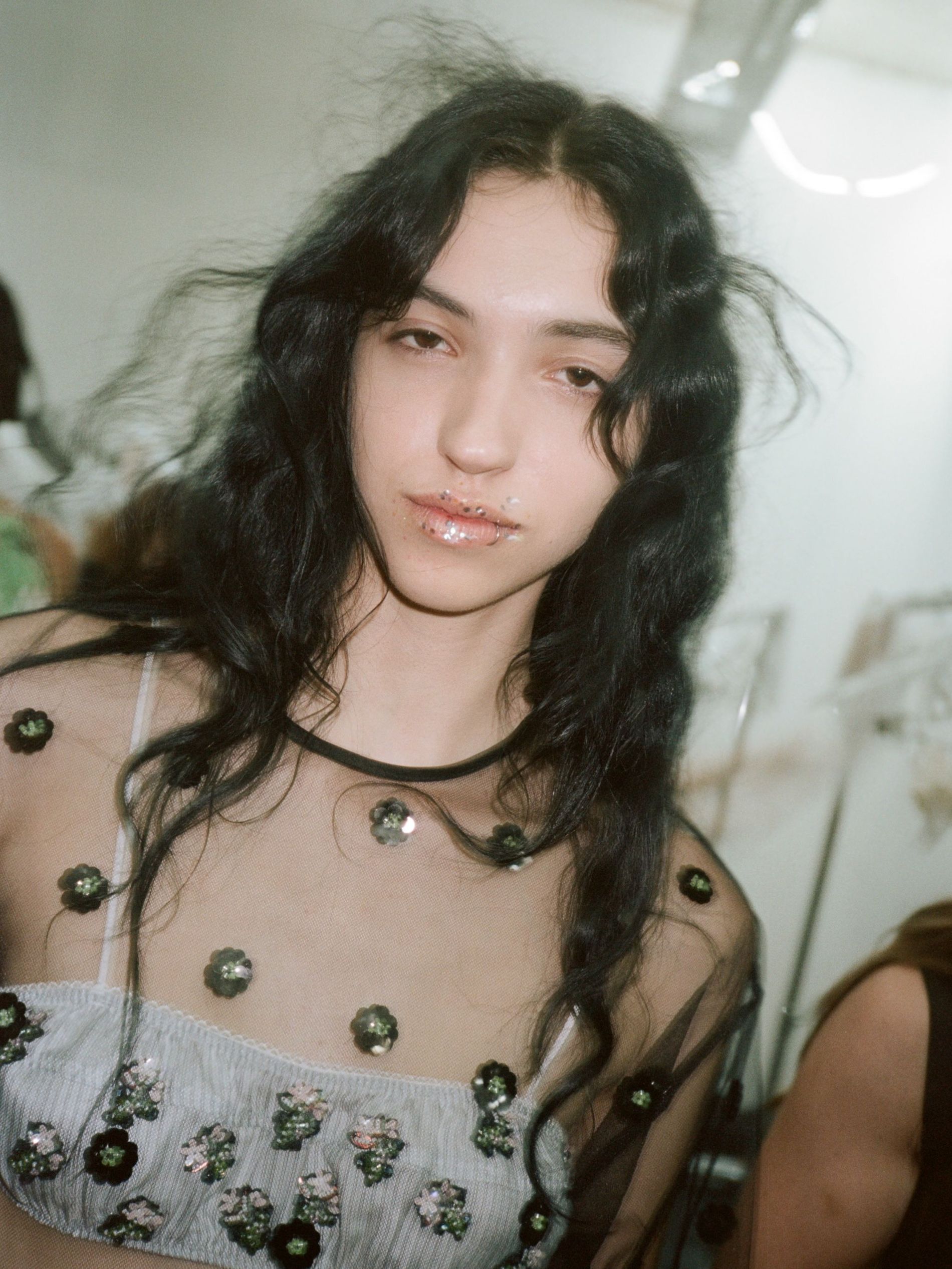 Model pictured backstage at the Cecilie Bahnsen SS27 show