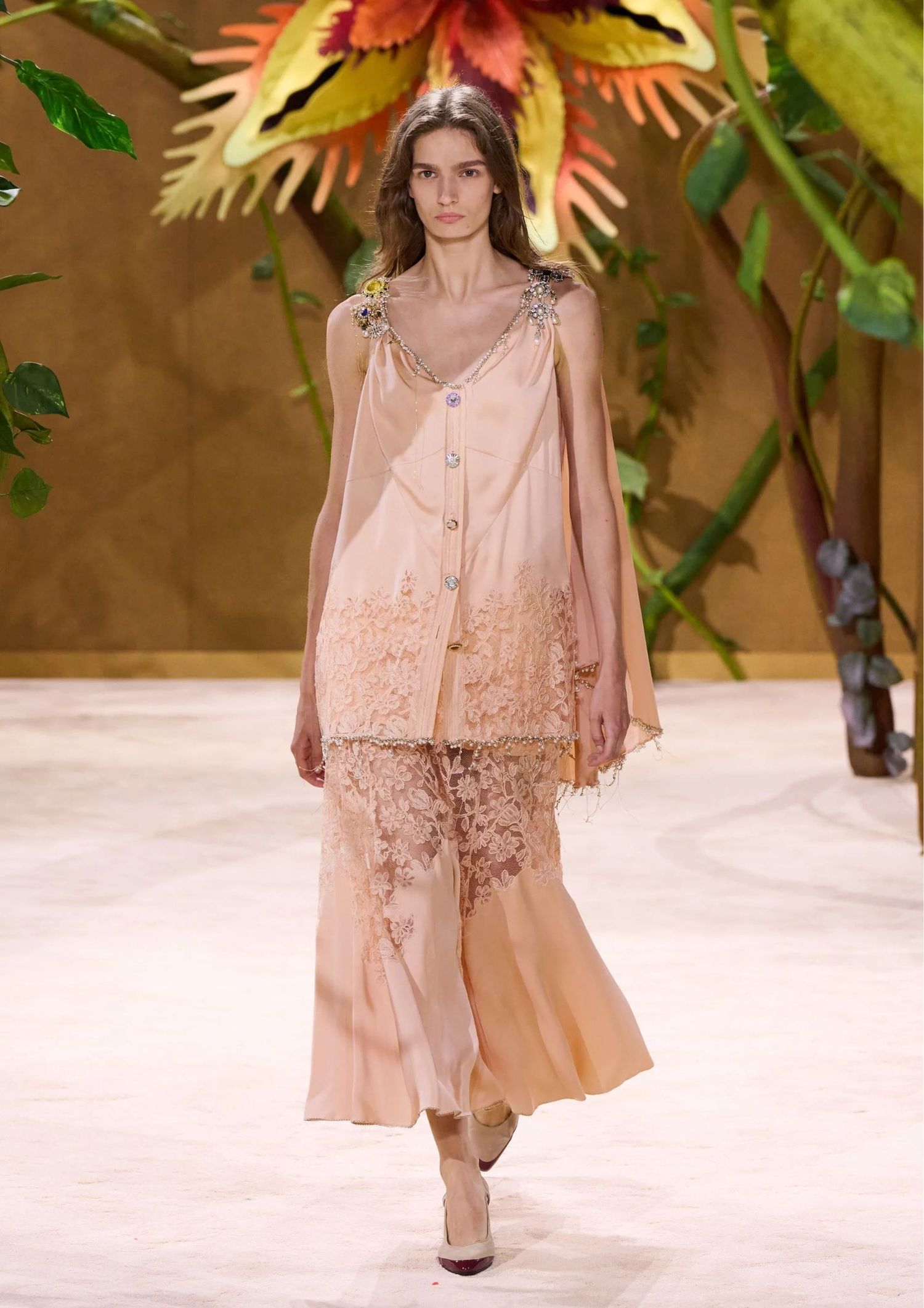 Dusty pink lace set, with a tunic top and long flowy skirt